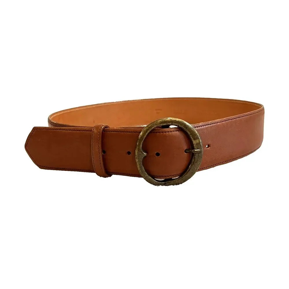 Zele' Brown Leather Belt 30 Med Cowhide Brass Circle Buckle 2" Wide Boho Classic